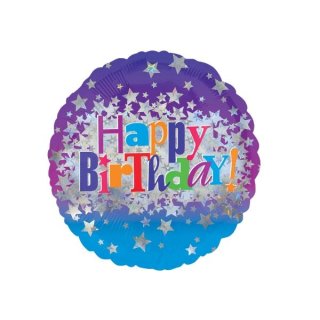 Standard Happy Birthday Bright Stars Folienballon rund, S55, verpackt, 43 cm