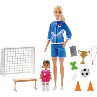 Mattel GLM47 Barbie Soccer Coach Puppen (blond Puppe / br&uuml;nett Toddler)