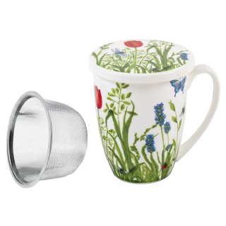 Teebecher Blume mit Deckel und Sieb Porzellan sortiert spülmaschinengeeignet 300 ml 11cm weiß/grün/rot