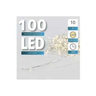 Lichterkette Silberdraht 100LED 10m IP44 Timer 3xAA