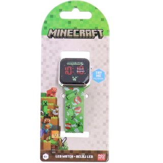 Accutime LED-Kinderuhr Minecraft (grün), Digitaluhr mit LED-Anzeige für Uhrzeit und Datum, Weiches Acryl-Armband, Lang