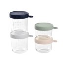 BEABA Portionsbehälter Glas (150ml rosa/150ml Eucalyptus grün/250ml hellgrau/250ml dunkelblau) 4er Set