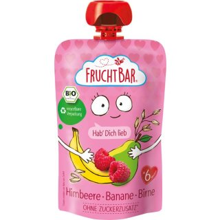 FruchtBar – Bio-Fruchtpüree Hab dich lieb -  Himbeere, Banane, Birne