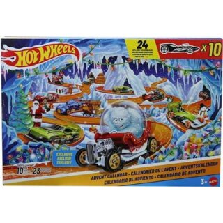 Hot Wheels Adventskalender 2026, 10 Spielzeugfahrzeuge im Maßstab 1:64, 14 Zubehörteile und 10 Clips zum Befestigen